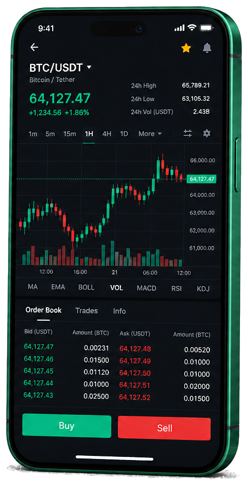 Stake iPlex Hub trading platform on mobile — live BTC/USDT chart, order book, and buy/sell interface